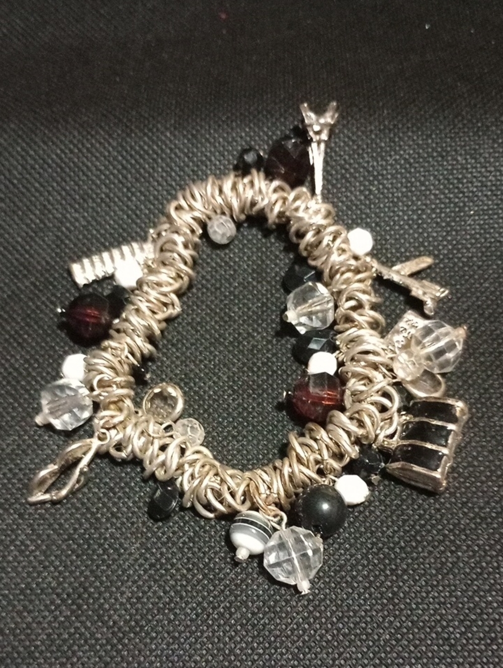 Silver Charm Bracelet with Black, Clear and Dark Red Beads